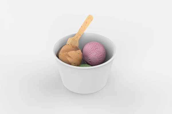 マット紙アイスクリームカップ木製スティックモックアップ 3Dイラスト — ストック写真
