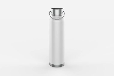 Yeniden kullanılabilir, çelik termos su şişesinin yakın çekimi, beyaz arka planda izole edilmiş. Plastik tek kullanımlık şişeye hayır de. 3d illüstrasyon