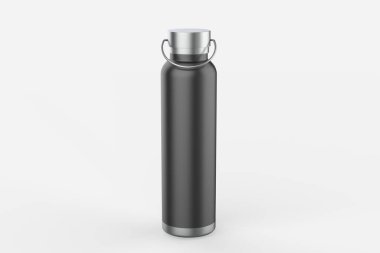 Yeniden kullanılabilir, çelik termos su şişesinin yakın çekimi, beyaz arka planda izole edilmiş. Plastik tek kullanımlık şişeye hayır de. 3d illüstrasyon