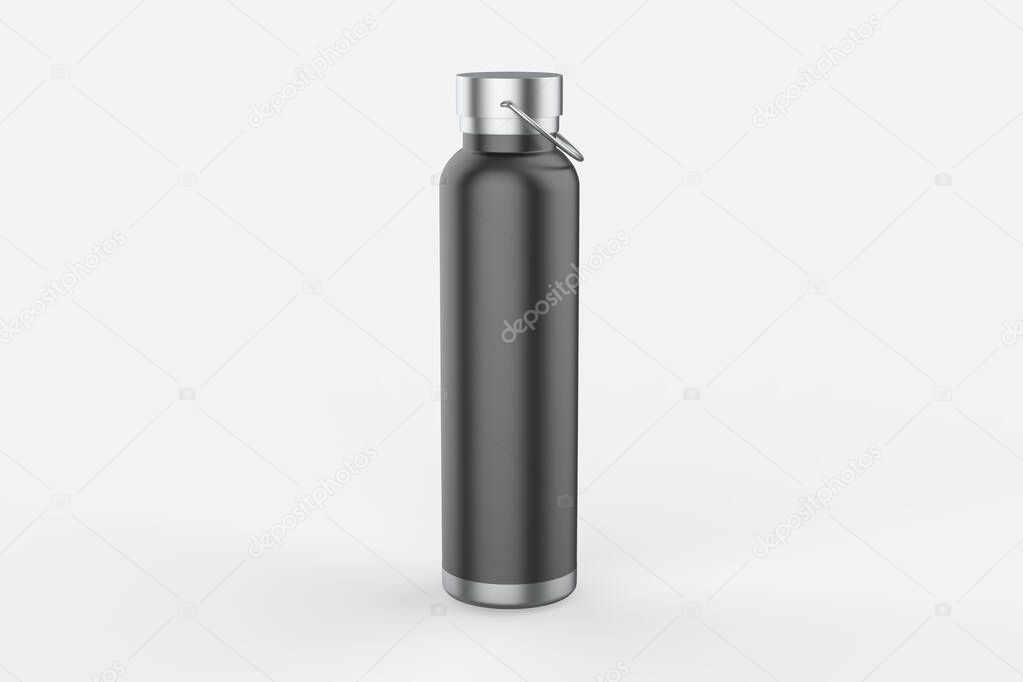 Close-up of reusable, steel thermos water bottle, isolated on white background. Say no to plastic disposable bottle. 3d illustration