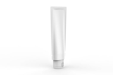Kozmetik ürünleri için beyaz arka planda izole edilmiş boş plastik tüp modeli. Tasarım, reklam, tanıtım vesaire için kullanılabilir. 3d illüstrasyon