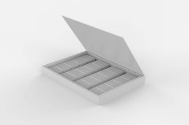 Beyaz arka planda izole edilmiş bir kutu çikolata şekeri. 3d illüstrasyon