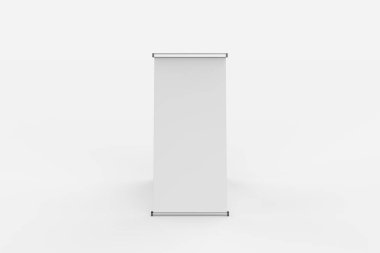 Beyaz arka planda boş pankart duruyor. Standın ve reklam pankartın etrafındaki kesme yollarını da dahil et. 3d illüstrasyon