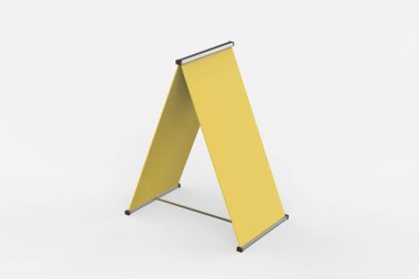 Beyaz arka planda boş pankart duruyor. Standın ve reklam pankartın etrafındaki kesme yollarını da dahil et. 3d illüstrasyon