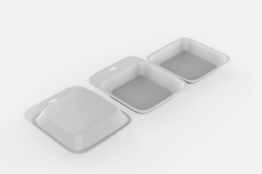 Yemek kutusu, hamburger, öğle yemeği, fast food, hamburger, sandviç. Ürün paketi. Beyaz arka planda izole edilmiş. 3d illüstrasyon