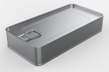 Metal teneke kutu. Konserve yiyecekler maketi, alüminyum çelik paket, gerçekçi gümüş boş izole ambalaj şablonu. 3d illüstrasyon