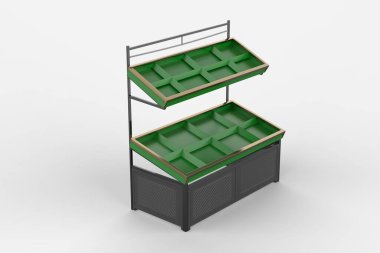 Çok katmanlı sebze tezgahlarını aç. 3d illüstrasyon