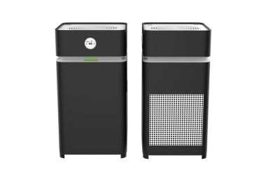 Beyaz arka planda izole edilmiş ince toz PM2.5 'u temizlemek için filtreli hava temizleyicisi. 3d illüstrasyon