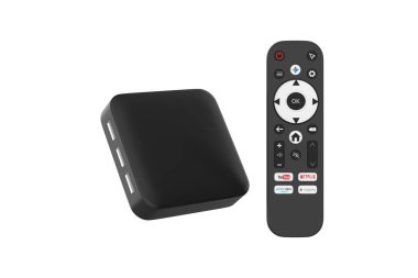 Beyaz arkaplanda uzaktan kumandalı akıllı kutu. 3d illüstrasyon