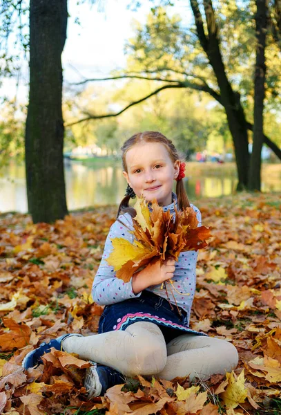 Šťastná Dívka Podzim Listí Podzimním Parku — Stock fotografie