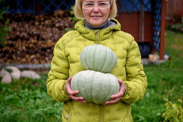 Happy Woman Holds Two Grey Pumpkins Her Garden Plot Healthy — Stock Photo, Image