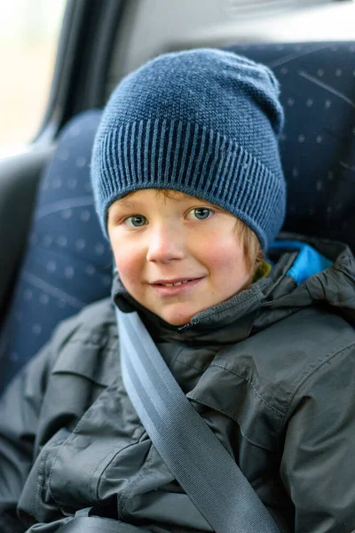 Cute Little Boy Sitting Car Seat Smiling — Stock Photo, Image