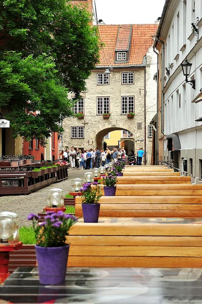 Café Straat Aan Zweedse Poort Riga — Stockfoto