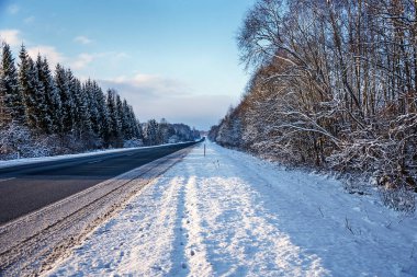 Güneşin aydınlattığı, karlı, boş bir kış manzarası.