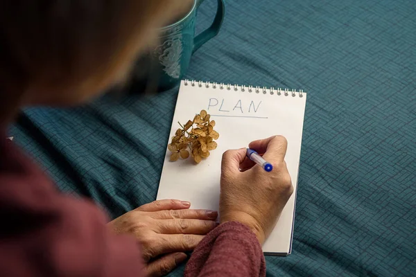 Frau Plant Ihren Tag Einem Notizbuch Farbe Der Bettwäsche Gezeitenwasser — Stockfoto