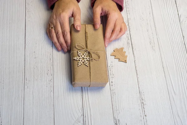 Women Hands Hold Craft Christmas New Year Decorated Gift Box — Stock Photo, Image