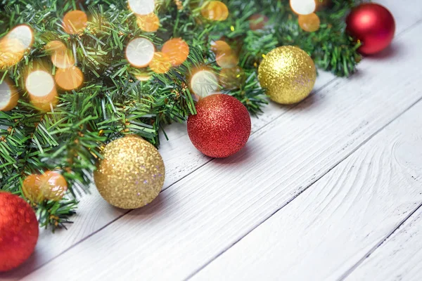 Christmas Composition Fir Branches Gold Red Balloons White Wooden Background — Stock Photo, Image