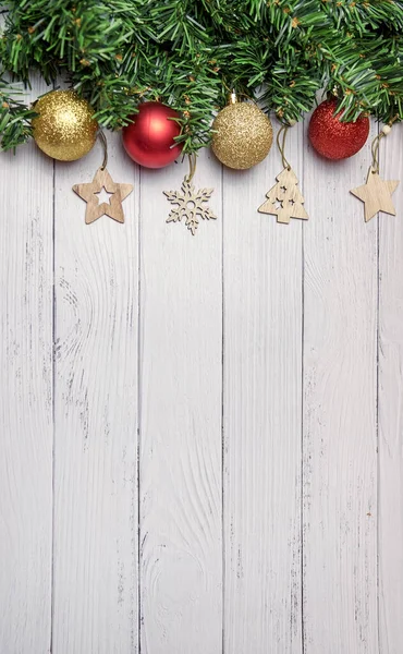 Christmas Composition Fir Branches Golden Red Balloons Wooden Toys White — Stock Photo, Image