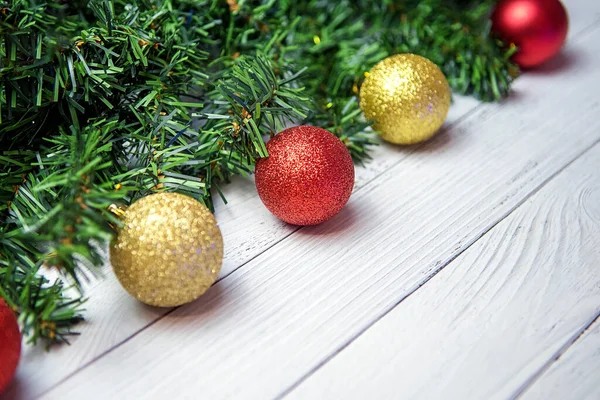 Christmas Composition Fir Branches Gold Red Balloons White Wooden Background — Stock Photo, Image