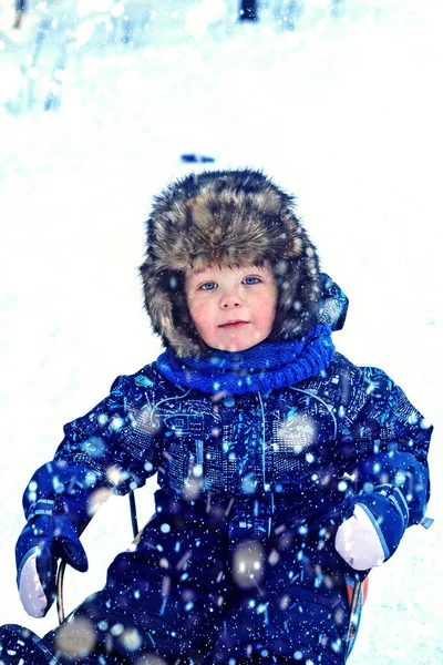 Mooie Jongen Met Een Bontmuts Een Slee Sneeuw — Stockfoto