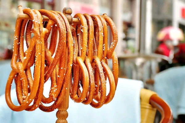 Traditional Czech Pretzels Hang Stand Table Waiting Guests Tables Were — Stock Photo, Image