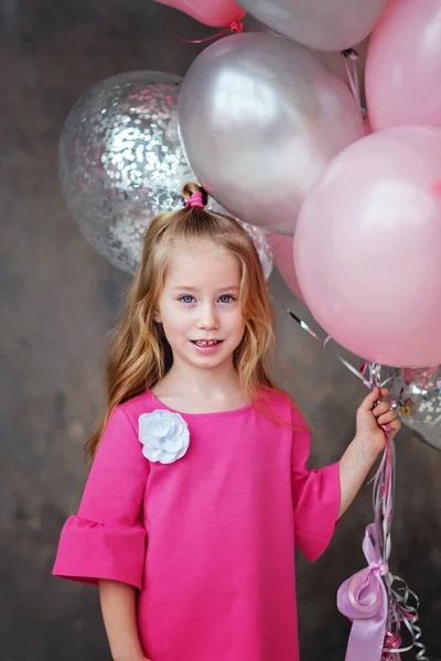 Portrait Little Girl Pink Dress Pink Grey Balloons Grey Background — Stock Photo, Image