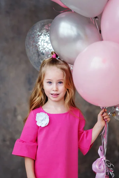 Portrait Little Girl Pink Dress Pink Grey Balloons Grey Background — Stock Photo, Image