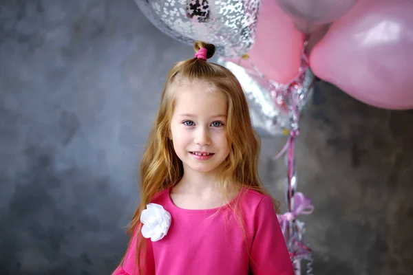 Portrait Little Girl Pink Dress Pink Grey Balloons Grey Background — Stock Photo, Image