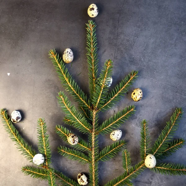 ウズラの卵と灰色の背景にミニマリズムのクリスマスツリー 新年やイースターの概念 — ストック写真