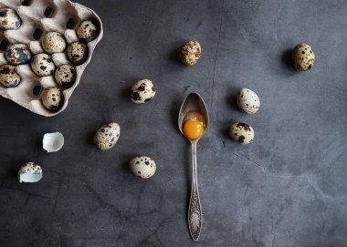 Bıldırcın yumurtalarının kompozisyonu çevre dostu paketleme ve sarısı ile birlikte kaşık. Yukarıdan görünüşü