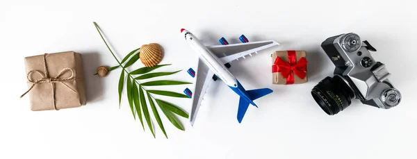 Καλοκαιρινό Πανό Κάμερα Φύλλο Παλάμης Αεροπλάνο Όστρακα Δώρο Λευκό Φόντο — Φωτογραφία Αρχείου
