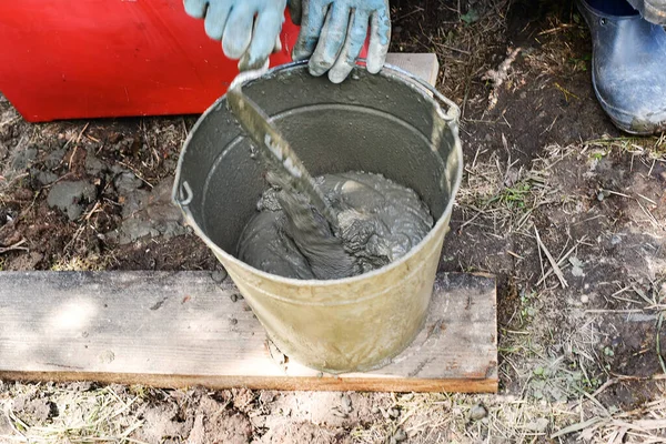 Cement Mortar Bucket Prepared Side Work Construction Side Works — Stock Photo, Image