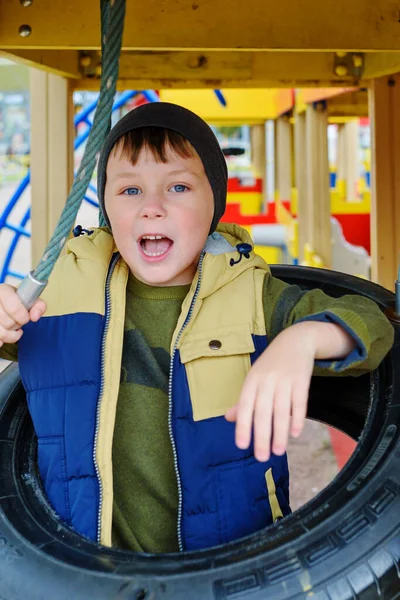 Image Joyful Child Five Years Old Having Fun Outdoor Playground — Stock Photo, Image