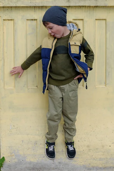 Five Year Old Boy Vest Playing Yellow Wall Autumn Trend — Stock Photo, Image