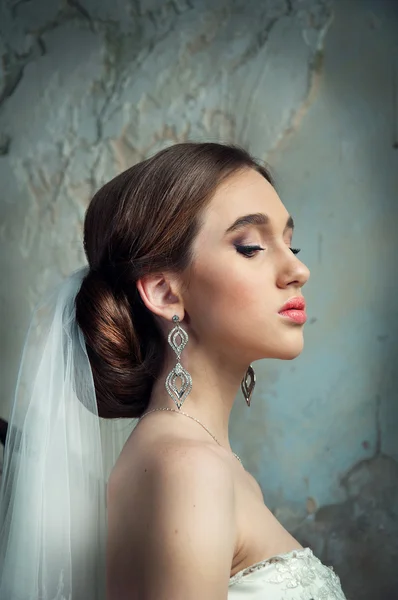 Büszke menyasszony az esküvői ruháját, és fátyol — Stock Fotó