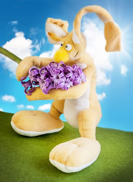 Leksak bunny håller en blomma mot himlen — Stockfoto
