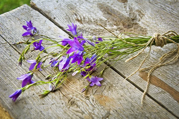 Belles fleurs sauvages et fraises sauvages sur fond de bois — Photo