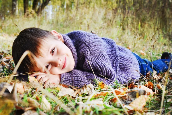Kleine jongen in het herfstpark — Stockfoto