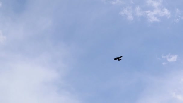 超轻小型螺旋桨驱动的私人喷气式飞机在天空中飞行 云层笼罩在机场上空 涡轮螺旋桨飞机起飞的后视镜 — 图库视频影像