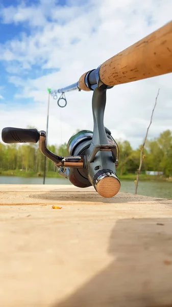 Caña Pescar Carpa Aislada Lago Puente Madera Carpa Alimentador Girando — Foto de Stock