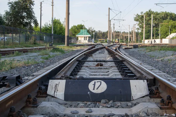 Abstraktní Pohled Železniční Šípy Výhybka Pro Kolejnice Železniční Dopravě Kolejnice — Stock fotografie