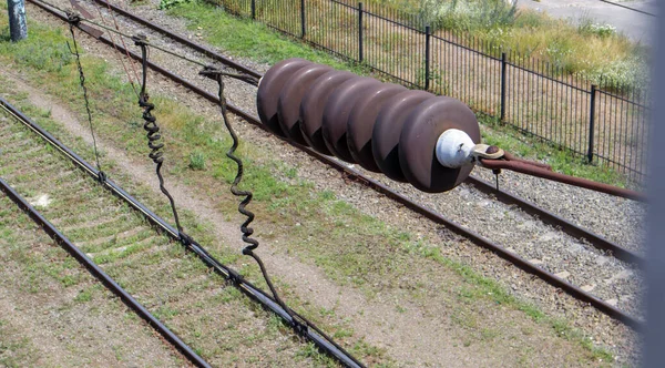 Součást Železničního Trolejového Vedení Podél Koleje Elektrifikačním Systémem Který Dodává — Stock fotografie