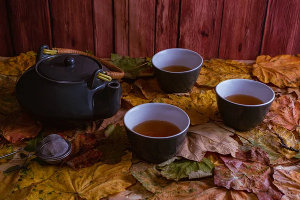 Осенний Натюрморт Чашками Чая Чайник Осенние Листья — стоковое фото