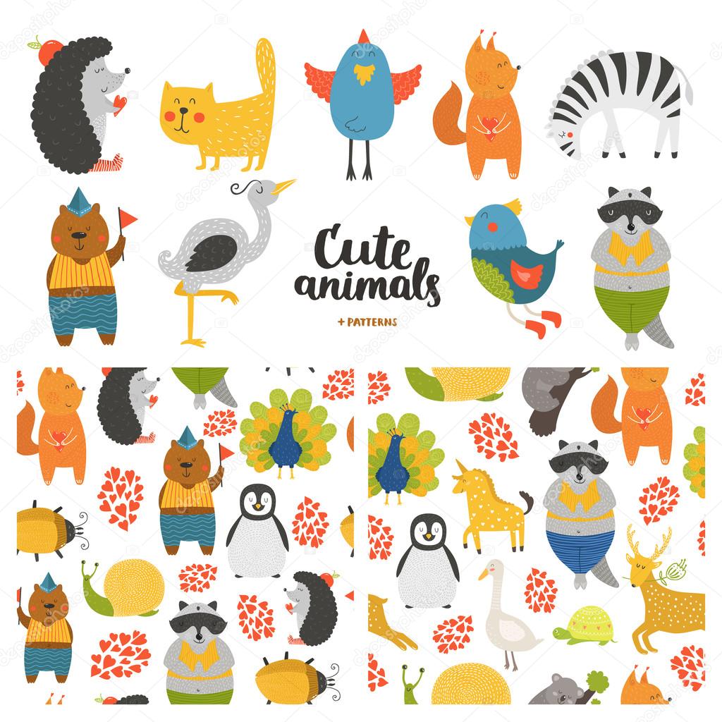 Cartoon animals collection and seamless patterns.  Vector cute cat, bear, bird, raccoon, hedgehog,  heron, zebra, squirrel isolated on white background, baby animals in love