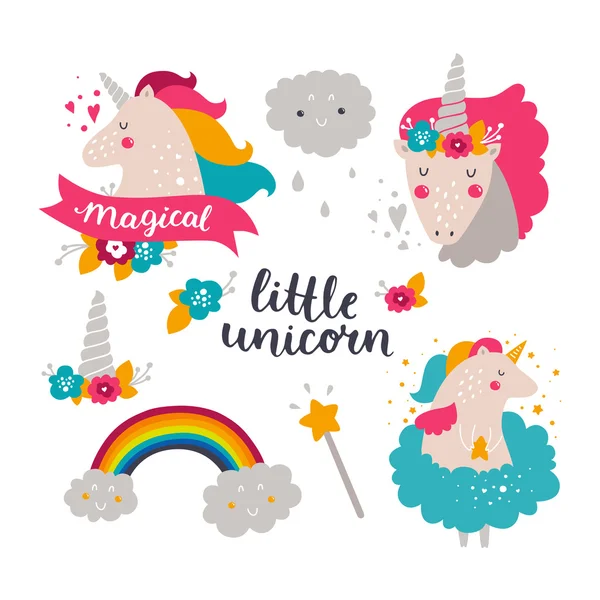 Set of baby unicorn and rainbow — Stock Vector