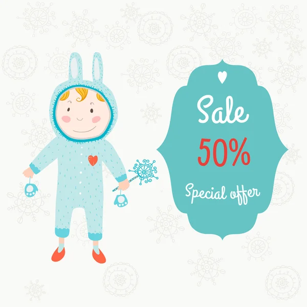Christmas sale label with boy — Stock Vector