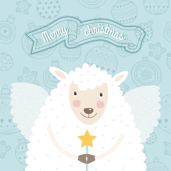 Christmas sheep with wings and a magic wand — Stock Vector