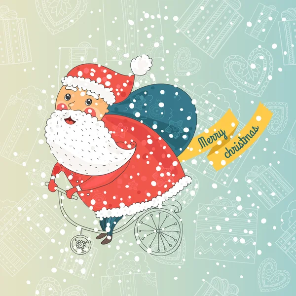 Christmas card with santa on bike, with snow background — Stock Vector