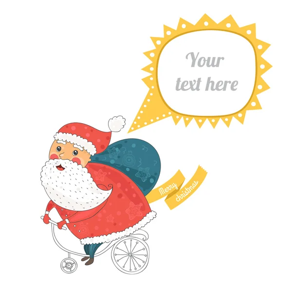 Christmas card with santa on bike and speech bubble — Stock Vector