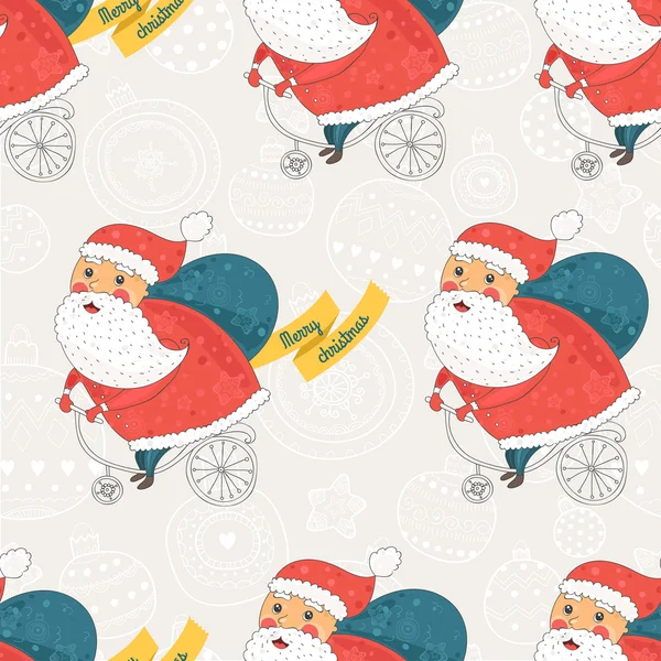 Weihnachtsmuster mit Weihnachtsmann auf dem Fahrrad — Stockvektor